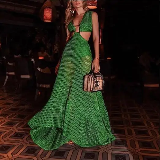 Women 2021 Plus Size 3XL Grid Swing Dress Sexy Fishnet Low Neck Halter Twist Bandage Cut-out Waist Back Zip Long Dress Clubwear