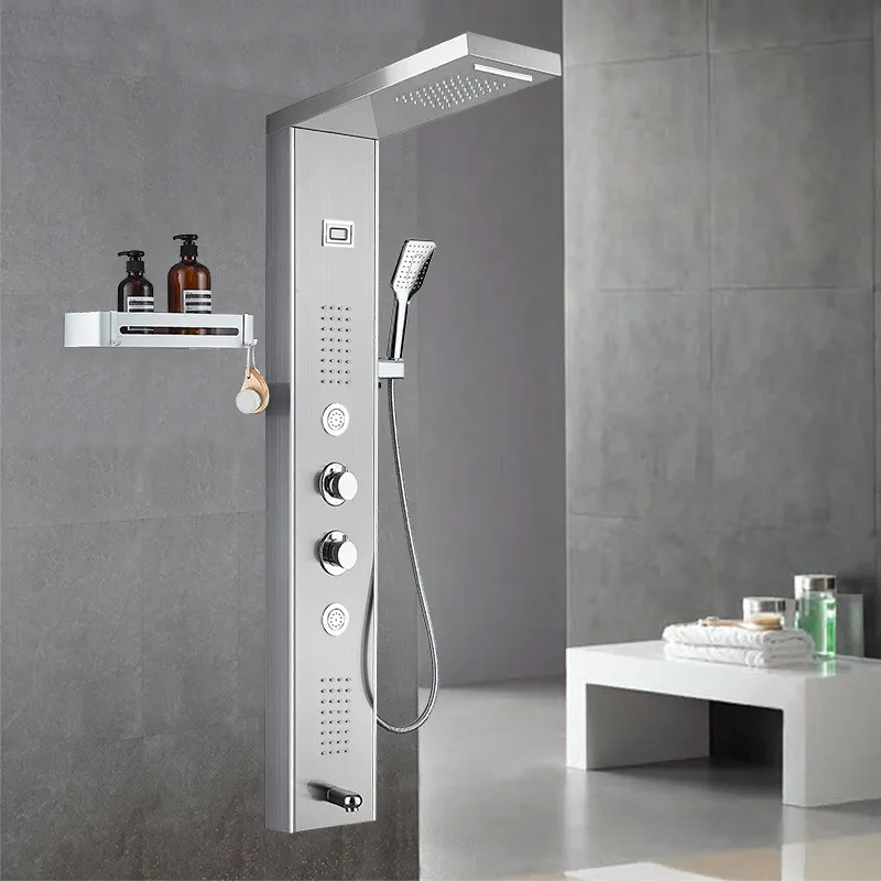 Zhejiang Luxury Modern head black wall mounted shower panel column faucet waterfall bathroom shower panel led