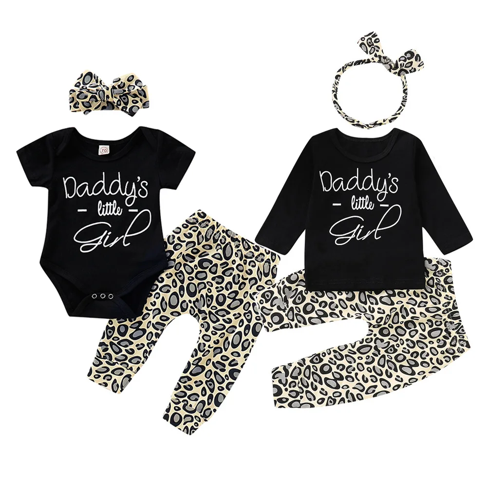 
Wholesale Baby Girl Clothes Three-piece Suit Leopard Printing Baby Cloth Set With Headband 