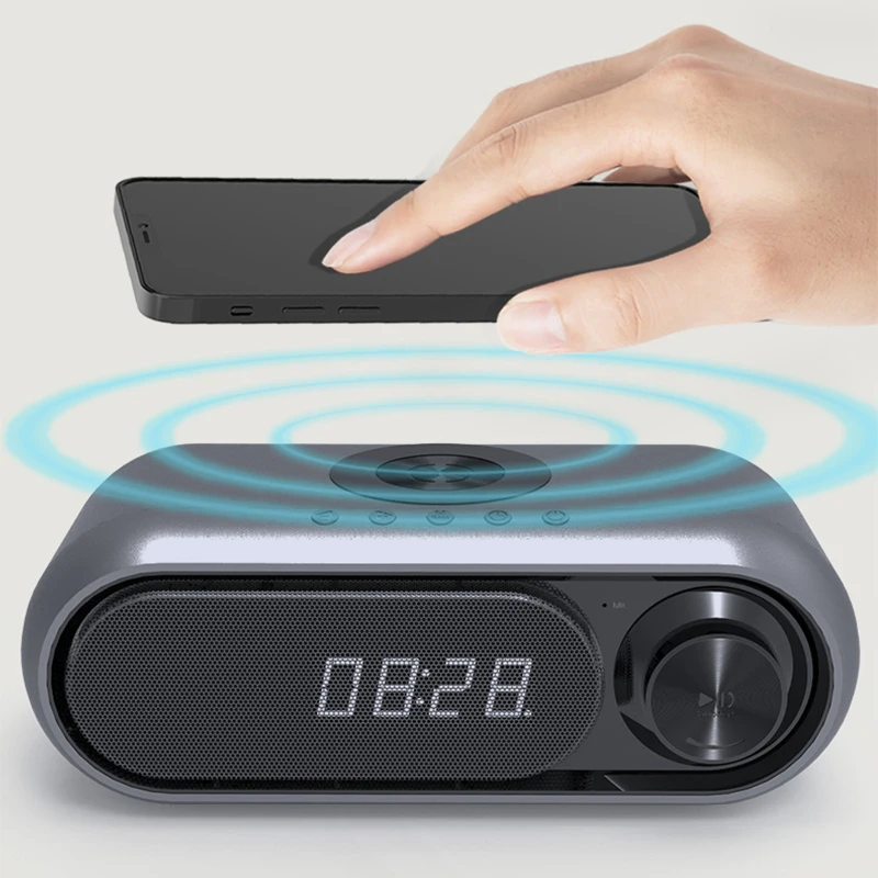 Wholesale 4 in 1 Sublimation Wireless Phone Charger Station Table Speaker Charger with Digital Alarm Clock & FM Radio