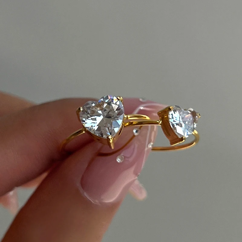 Zircon Diamond Heart Rings Stainless Steel PVD 18K Gold Plated Waterproof Jewelry for Women anillos bijoux anel schmuck joias