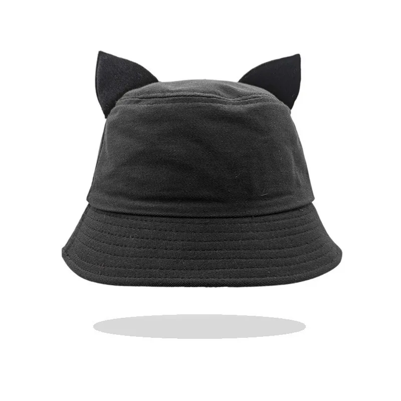Wholesale ladies cute cat fox ears black bucket hat with custom logo metal rings solid color fisherman hat for women