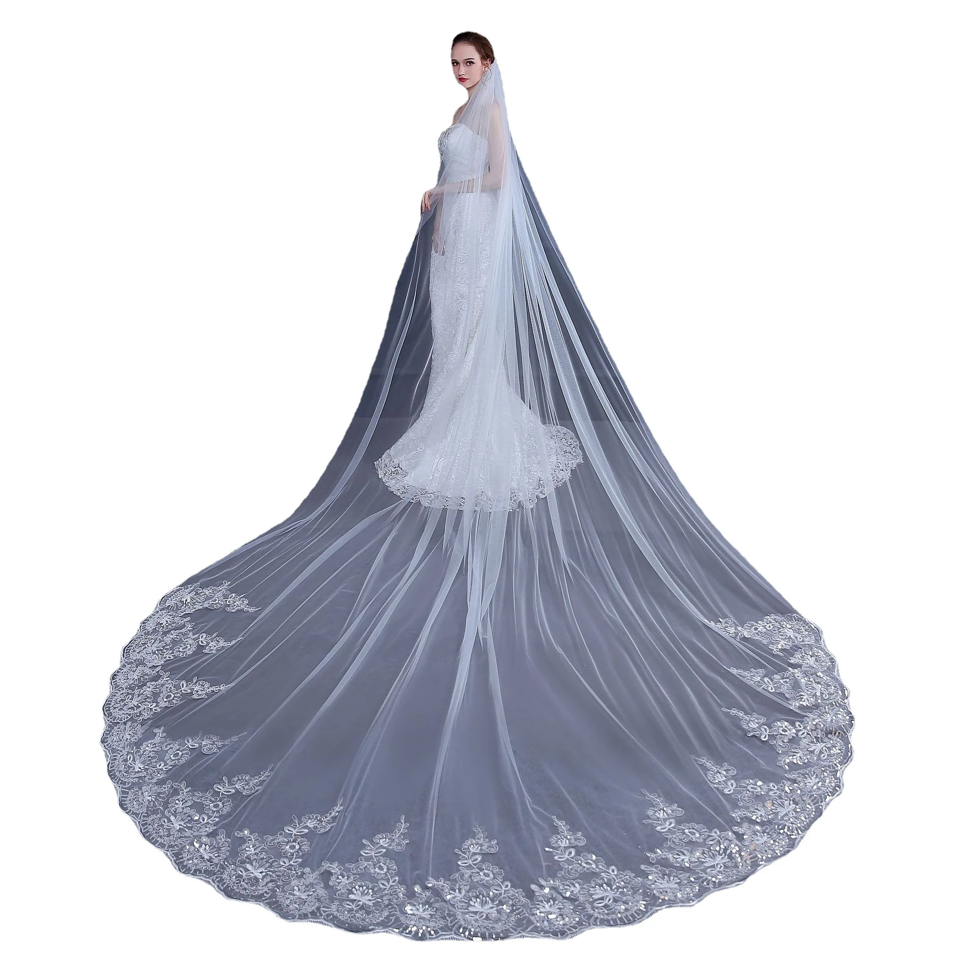 Bridal Veil With A Long Train Wedding Dress Accessorize Beautifully Sequined Lace Lace With Diamond Photo Veil