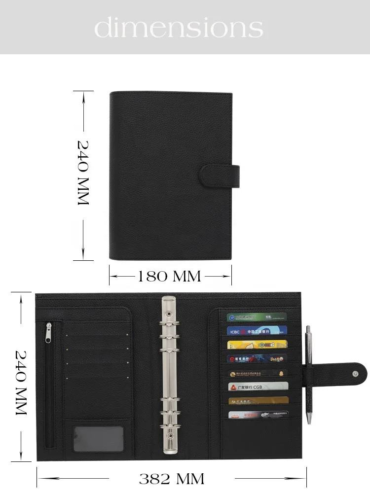 Hongbo Etsy Ins TK Best Selling A5 Pebble Leather 6-Rings Money Budget Binder Organizer With Fly Leaf & Clear Bags Available