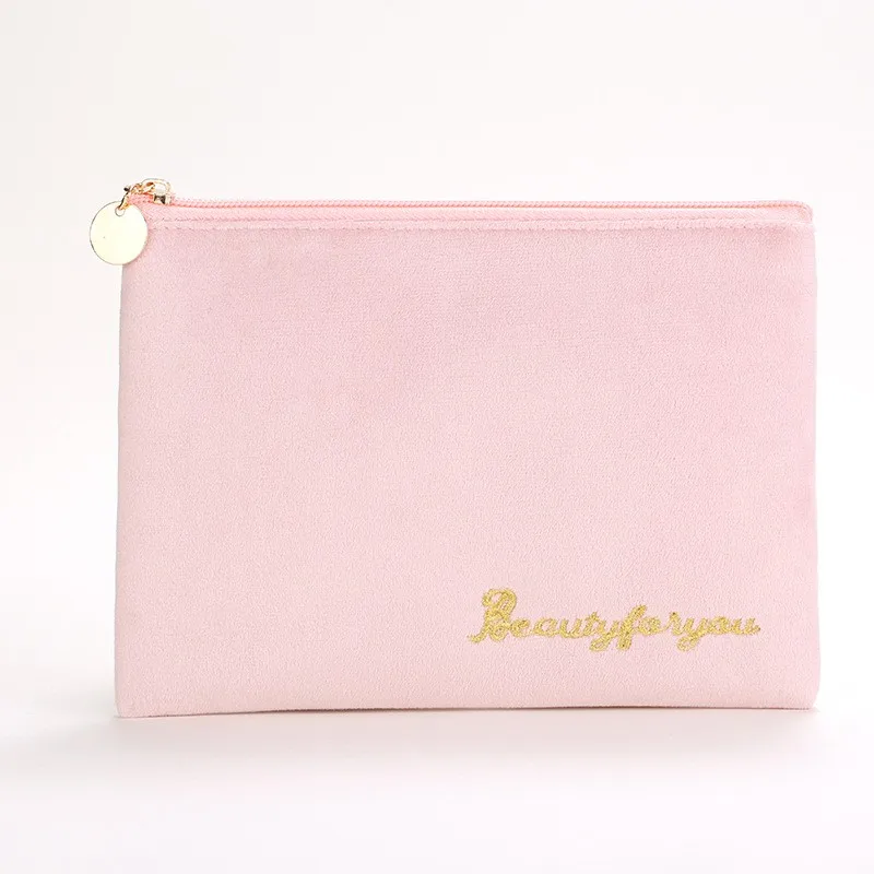 High-end best selling recycled eco friendly fashion beige color makeup bag personalized velvet zipper cosmetic bag pouch