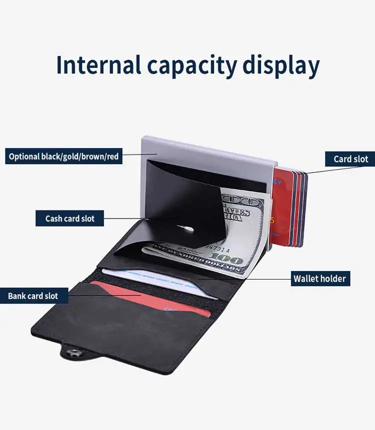 Factory Price Vintage Look Aluminum Case For Man Leather Credit Card Holder With Money Pocket RFID Slim Pop Up Minimalist Wallet