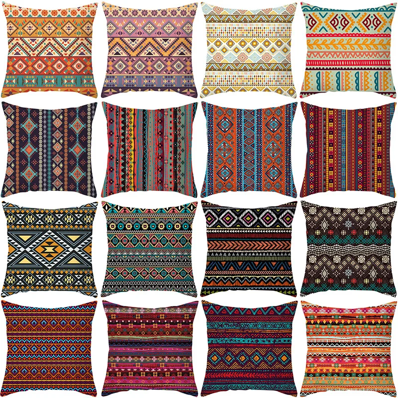Vintage Persian Geometry Print Linen Cushions Case 45X45CM Retro Multicolor Ethnic Geometric Pillows Case Sofa Chair Boho Decor