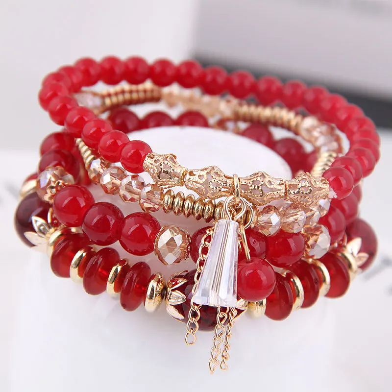 Kingcome 4pcs/pack Bohemian Stackable Bracelets with Tassels Multilayered Stretched Crystal Glass Beaded Bracelets