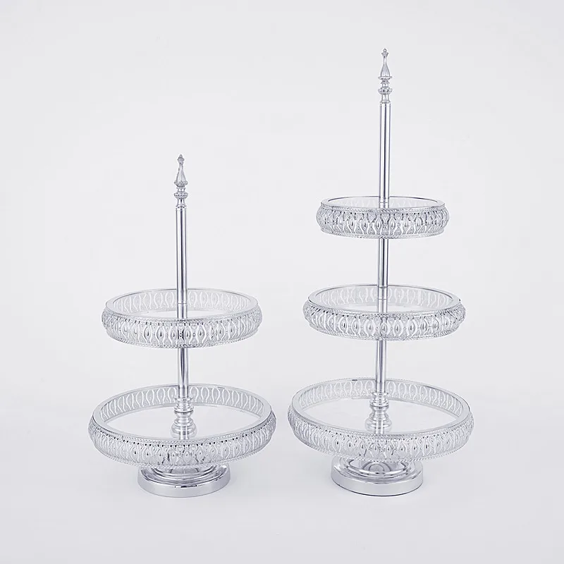 3 Tier Hotel European Metal High-foot Cake Stand Creative Breakfast Dessert Rack Glass Cake Holder Silver Gold Cake Stand