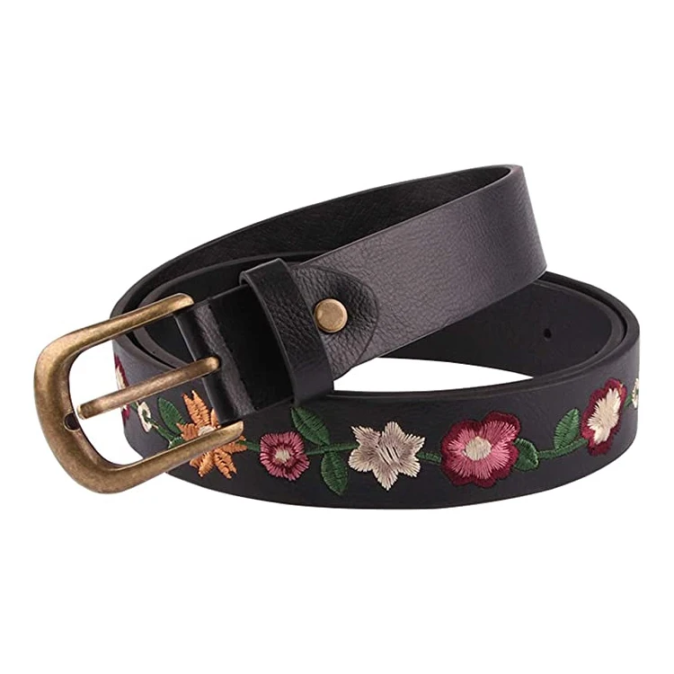 Cowhide Genuine Leather Floral Traditional Colorful Multi Colored Floral Embroidery Belt For Women