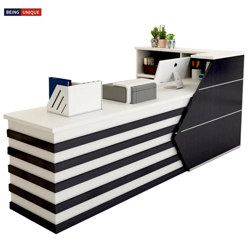 Modern Wood Desk Office Receptionist 2 Person l Shape Counter Front Black Reception Desk
