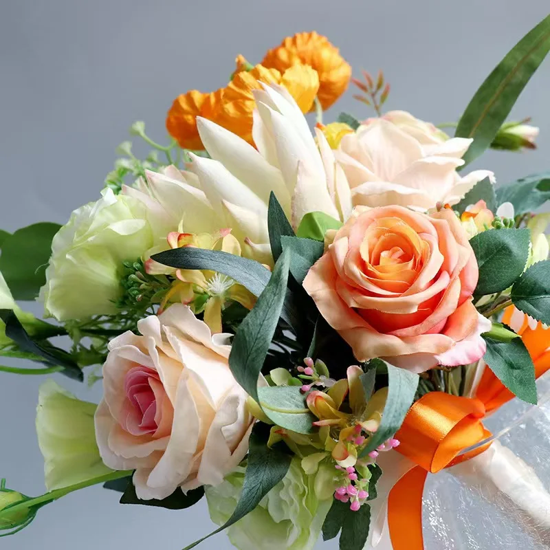 European Style Orange Silk Rose Bouquet Simulated Camellia Bride Holding Artificial Flower White Ranunculus Photography Props