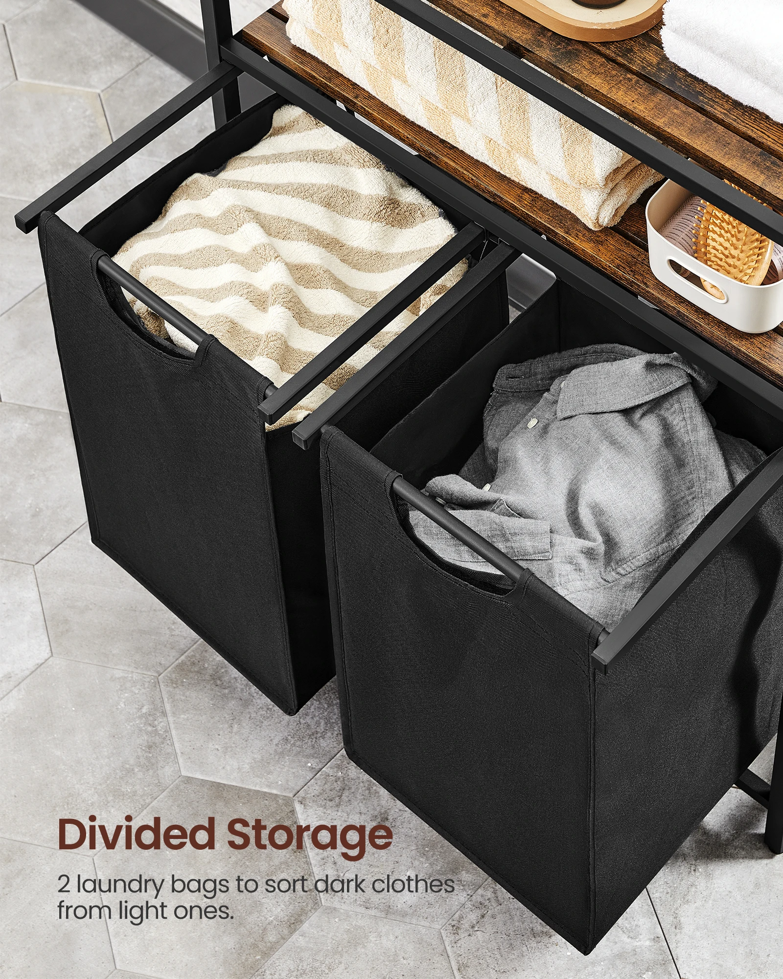 Hotel Heavy Duty Wooden Non Woven Fabric 2 Tier Double Laundry Hamper Corner Laundry Basket with Removable Laundry Bag