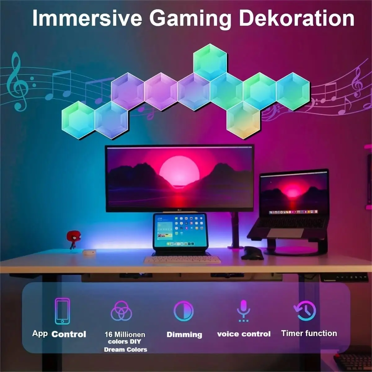 Remote Control Hexagon Wall Light,Smart Wall-Mounted Touch-Sensitive DIY Geometric Modular Assembled RGB led Colorful