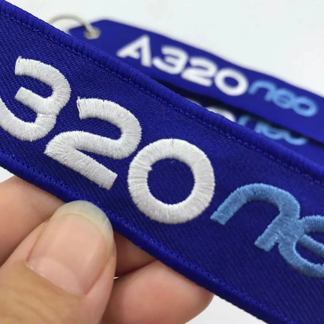 Oem Service Hot Sale Double Sides Label Airbus A320 Fabric Key Chain Embroidery Keychain Strap