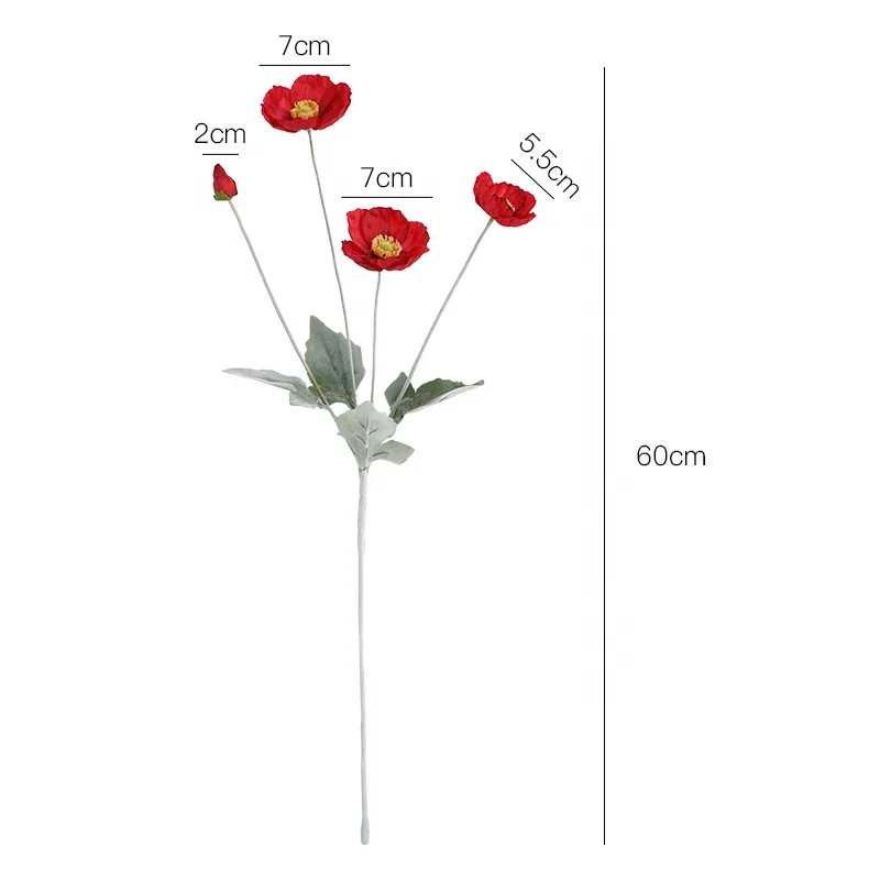 Cheap Price 60cm Silk 4 Heads Fake Poppy Flowers Real Look Artificial Poppy Flower for Home Decor
