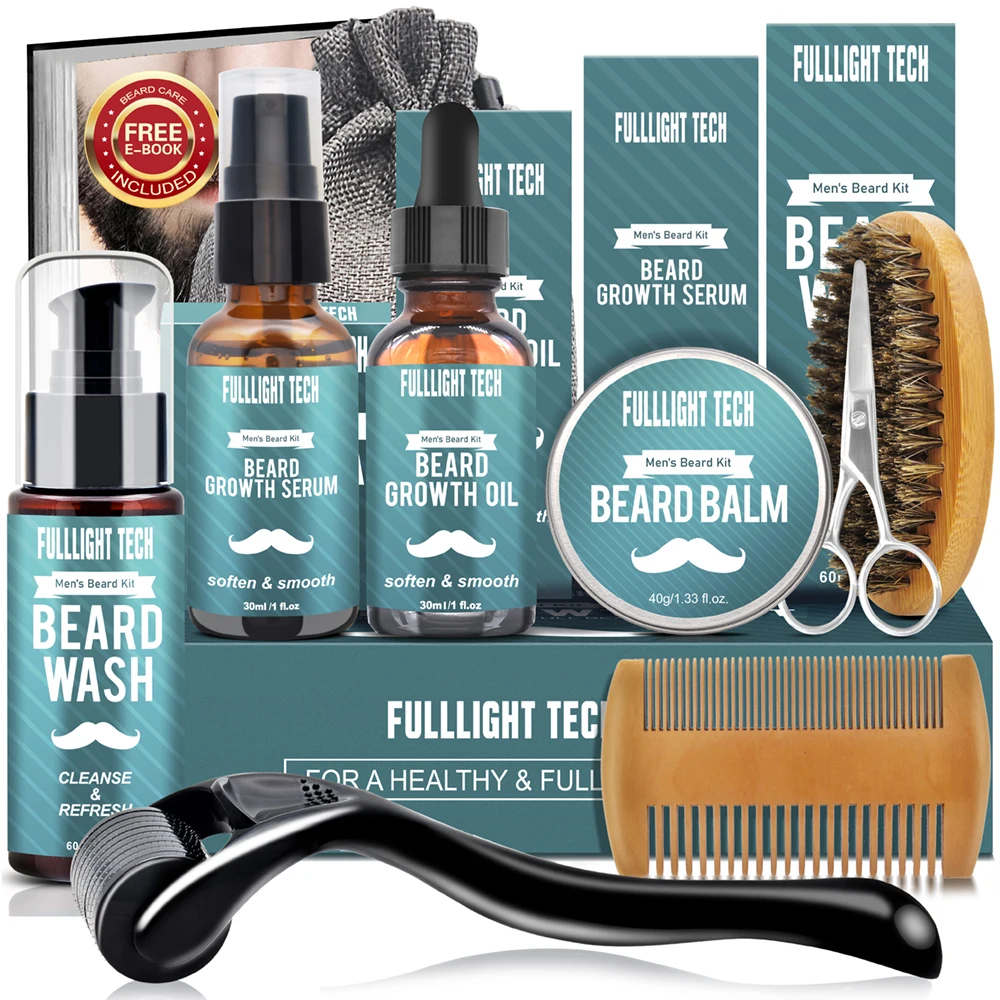 Mens Beard Oil Growing Kit Grooming Care w/Beard Wash/Shampoo Oil Kit Private Label Moustache Kits Black Boar Bristle Beard