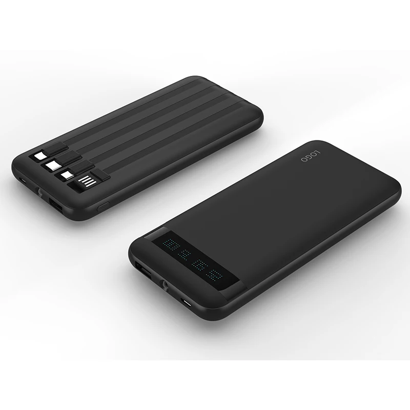 Hot Selling 10000mAh Slim Power Bank With 4 Built-In Cables 4 Output and Lamps Powerbank