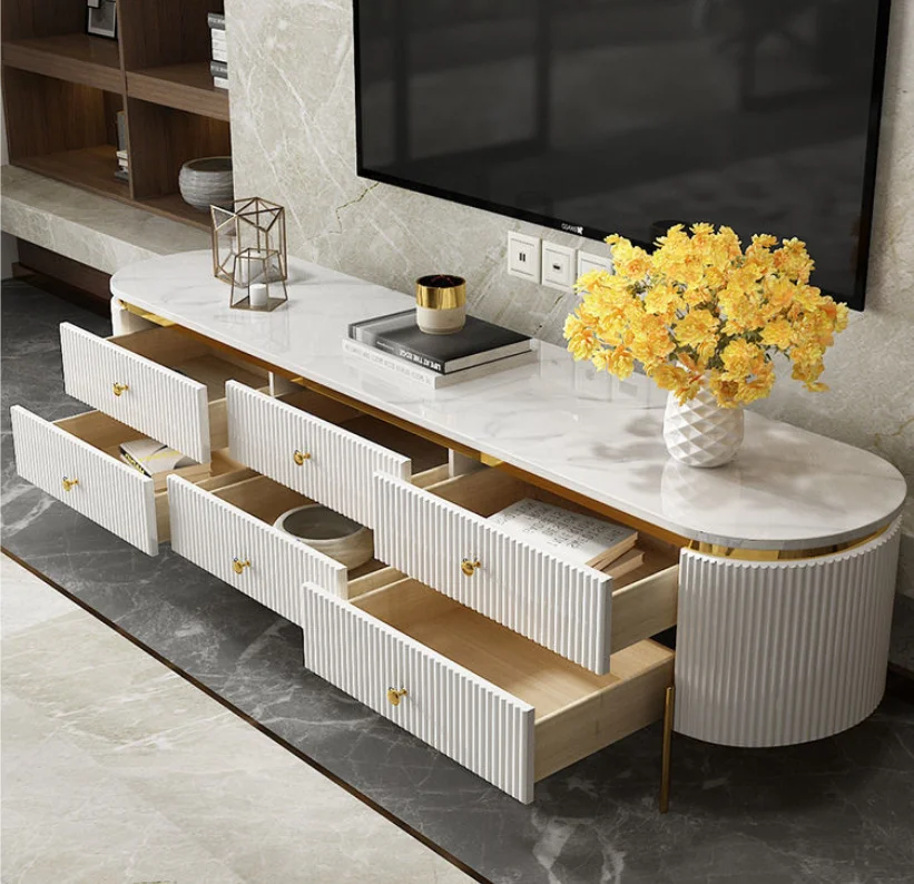High Quality Luxury 6 Drawers TV Stand Gold Stainless Steel White Gloss Wood TV Bench for Home Hotel