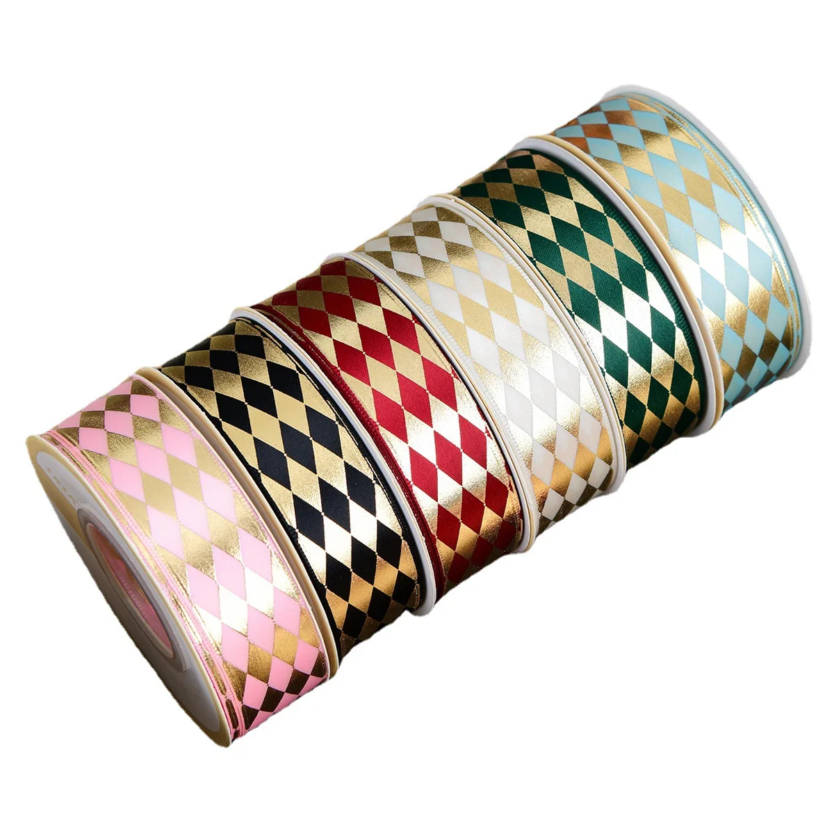 luxury 2.5cm*25Y/roll rhomboid diamond design hot stamping printed ribbon roll DIY handmade metallic gift decorative ribbon