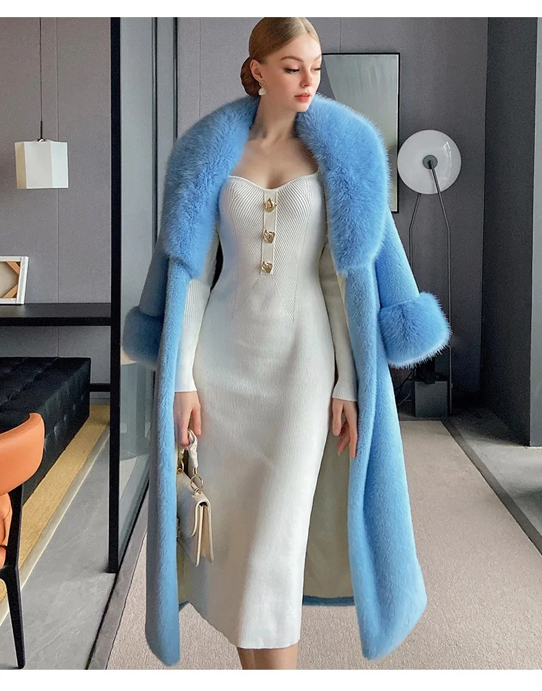 Winter Fashion Plus Size Warm Mink Fur Trench Long Coat With Fur Lapel And Cuff Faux Fur Trim Jacket For Women Winter Coat
