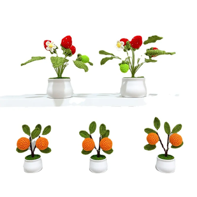 Colorful Mini Knitted Orange Strawberry Flower Pot Bouquet For Decor Wholesale Handmade Crochet Flower Rose And Leaves In Vase