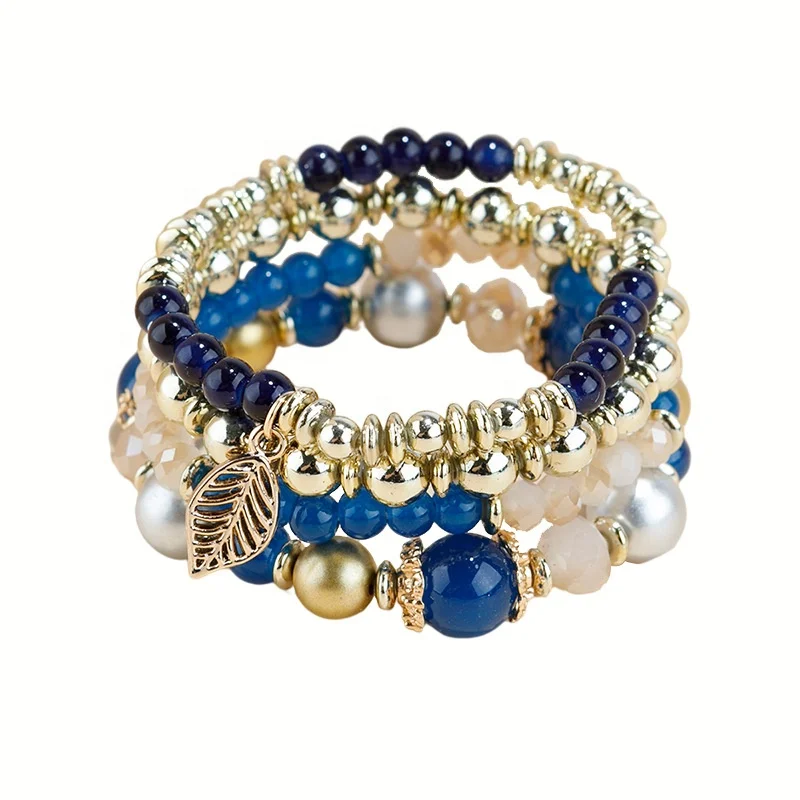 
Fashion Personality Color Elastic Bracelet Set for Women Beaded Leaf Bracelet Lady Glass Beads Jewelry 