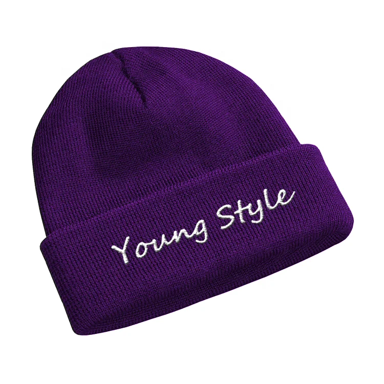 Custom Unisex Long Ribbed 100% Acrylic Cuffed Knitted Beanie Hat with Embroidery