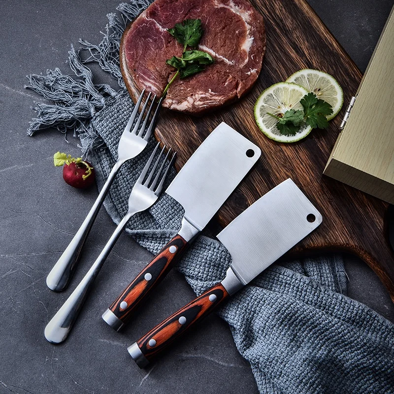 Hot selling pakkawood steak knives, Best sale kitchen mini cleaver knife and fork set, Stainless steel steak fork knife set