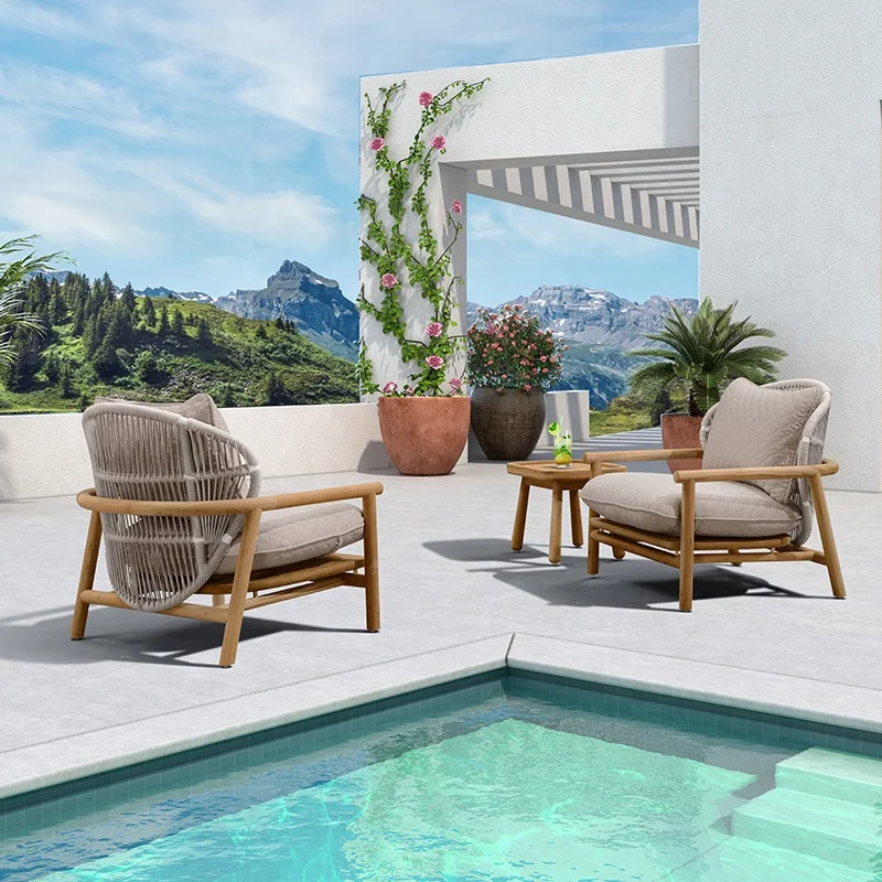 Wholesale Outdoor Aluminum Frame Rope Lounge Sofa Set Patio Garden Waterproof Teak Wood Sofa