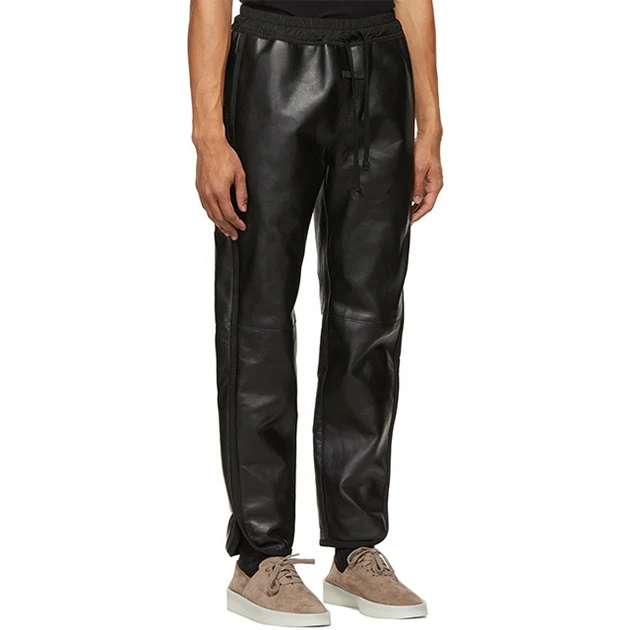 Black Straight Leg Pants Custom Loose Fit Faux Leather Track jogger Pants Men
