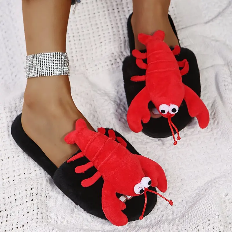
Home slippers autumn and winter new personalized crayfish with flat bottom plus size comfortable cartoon cute cotton slippers 