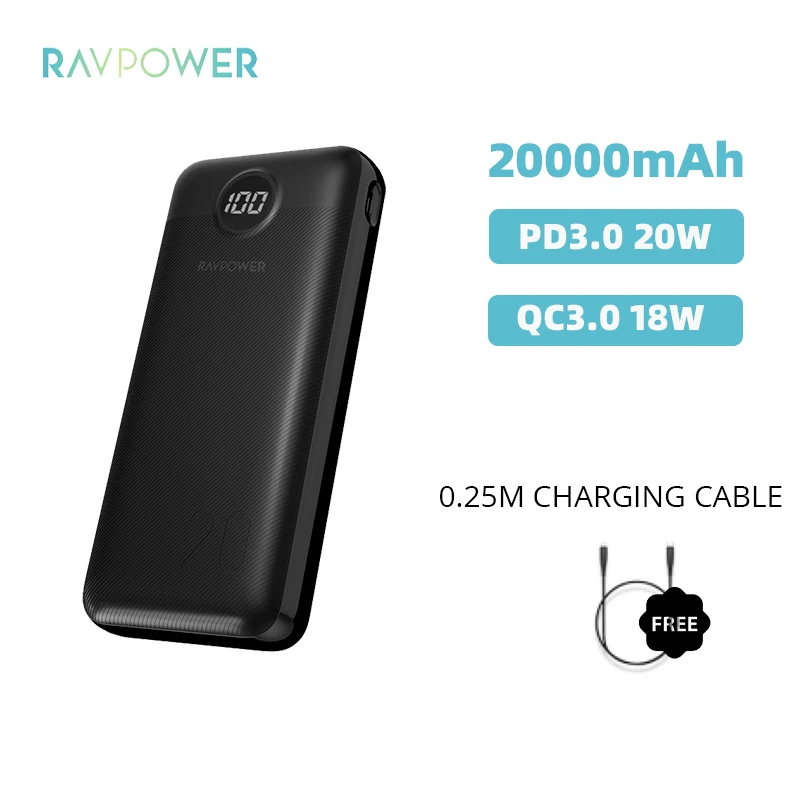 Портативное зарядное устройство RAVPower высокой емкости 20000 мАч 20 Вт быстрая зарядка портативное с цифровым дисплеем