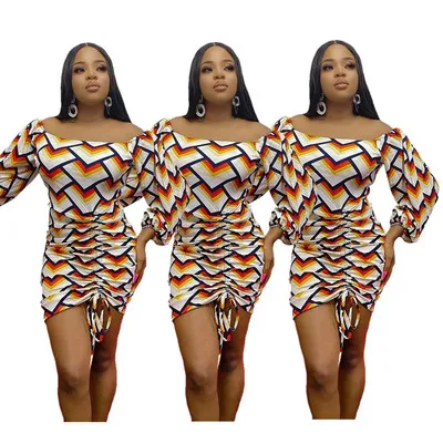 
Fashwell OM1658 women clothing off shoulder dress sexy and fashion tight bodycon printing long sleeve skirt pretty 