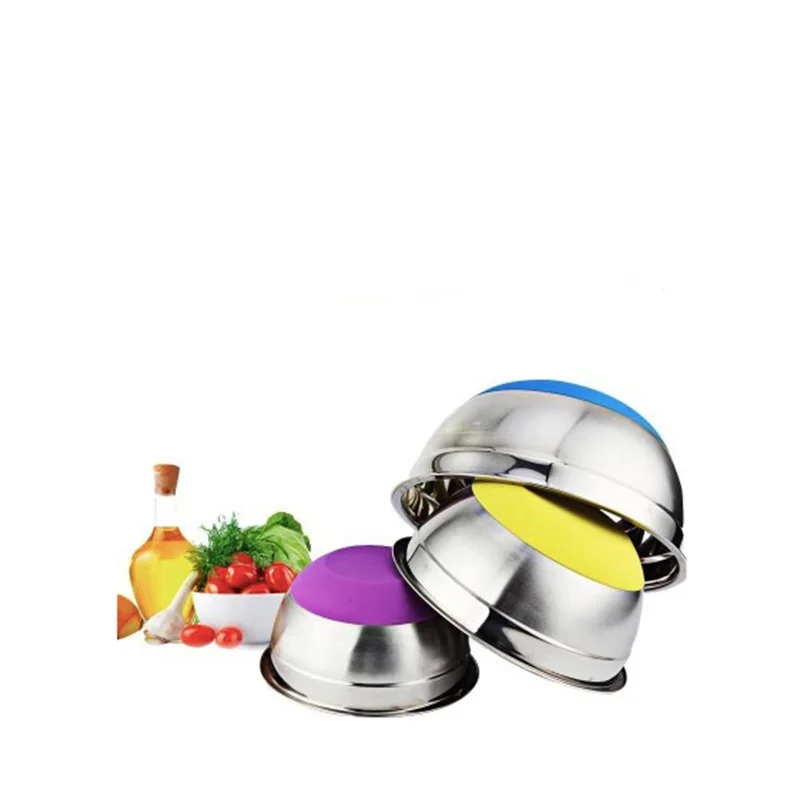 Non-skid stainless steel mixing salad bowl with silicone bottom & lid