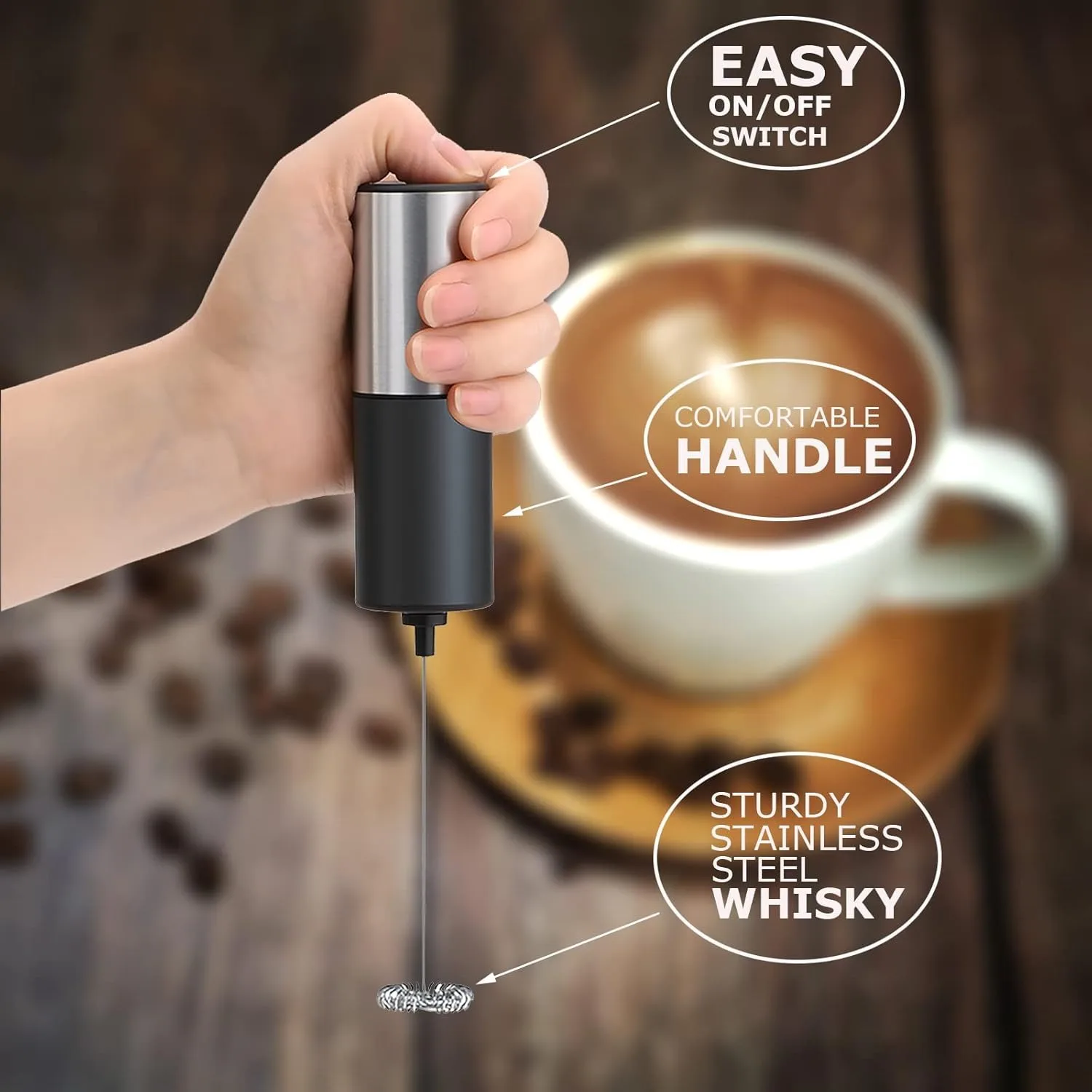 Portable Milk Frother For Coffee Lattes Whisk Mixer Mini Foamer Battery Operated Stainless Foam Maker Handheld Electric Frother