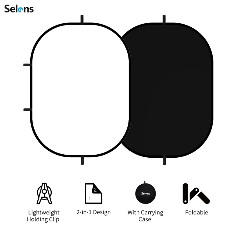 Selens 150x200cm Black White Oval Reflector Portable Backdrop 2 in 1 Screen Background With Holder Clip For YouTube Video Studio