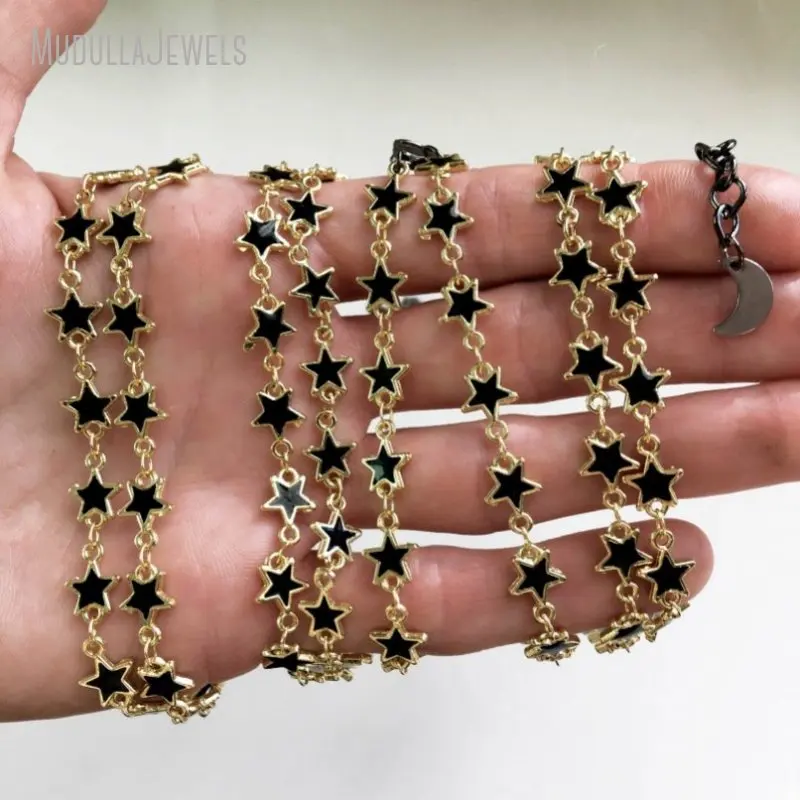 NM45388 Black White Enamel Moon And Star Gold Plated Chain Choker Minimal Layering Witch Boho Goth Necklace For Women