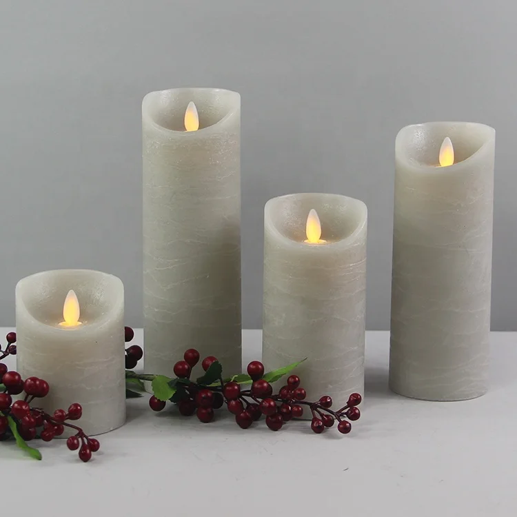 Set of 4 Grey Real Wax Distressed Finish Moving Wick LED Candles with Timer Religious