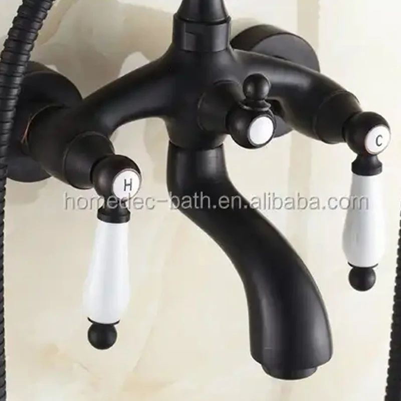 Clawfoot Tub Faucet Wall Mount Tub Filler Double Level Handle ORB Bathtub shower Faucet With Telephone Shaped Handheld Shower