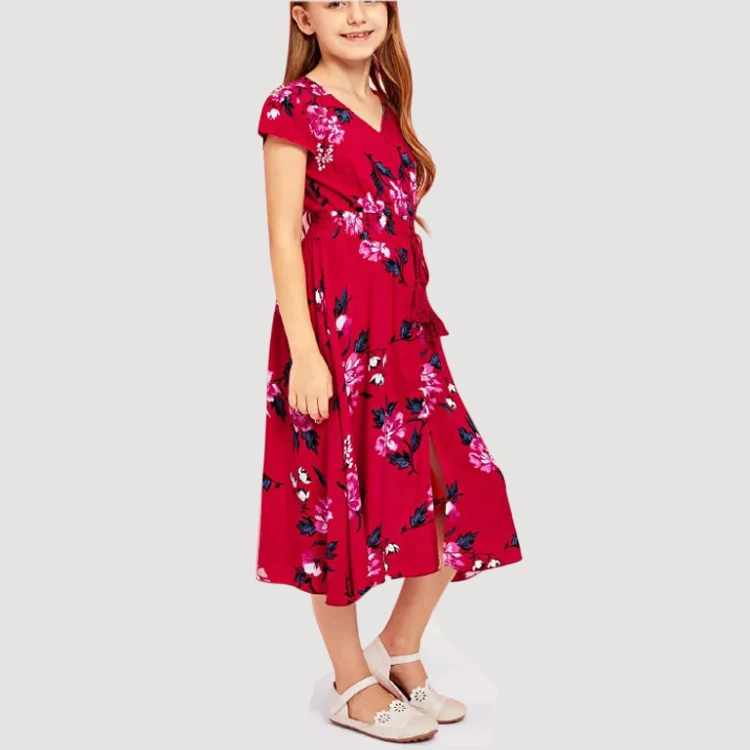 
Custom New Fashion Girls Tassel Tied Button Up Dress Kids Clothing Girl Dress 