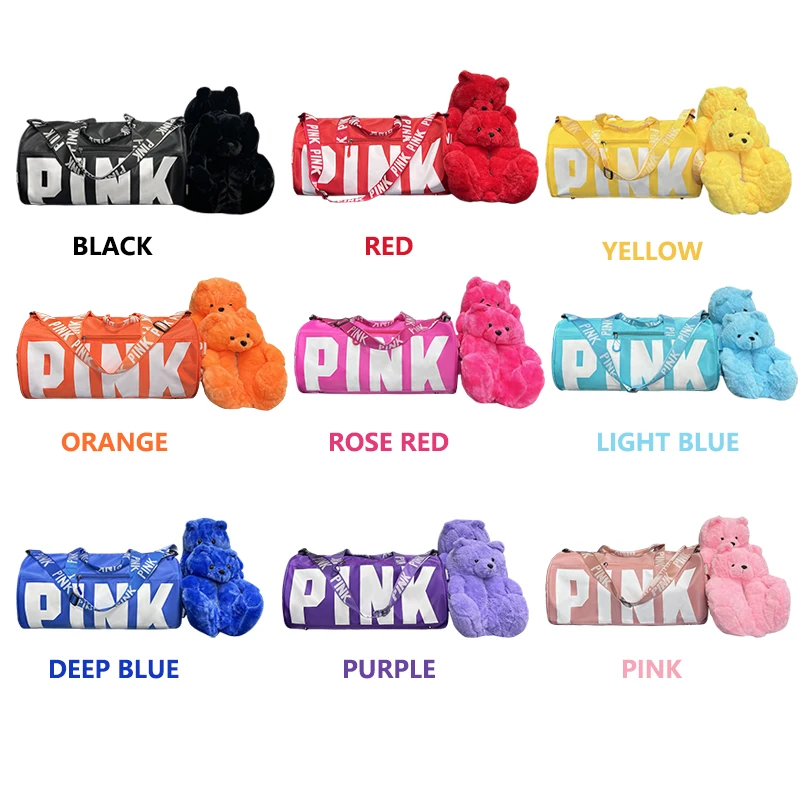 New Design Plush Slippers Pink Bag Duffle Travel Set Spend The Night Weekender Gym Overnight Duffle Bag And Teddy Bear Slipper