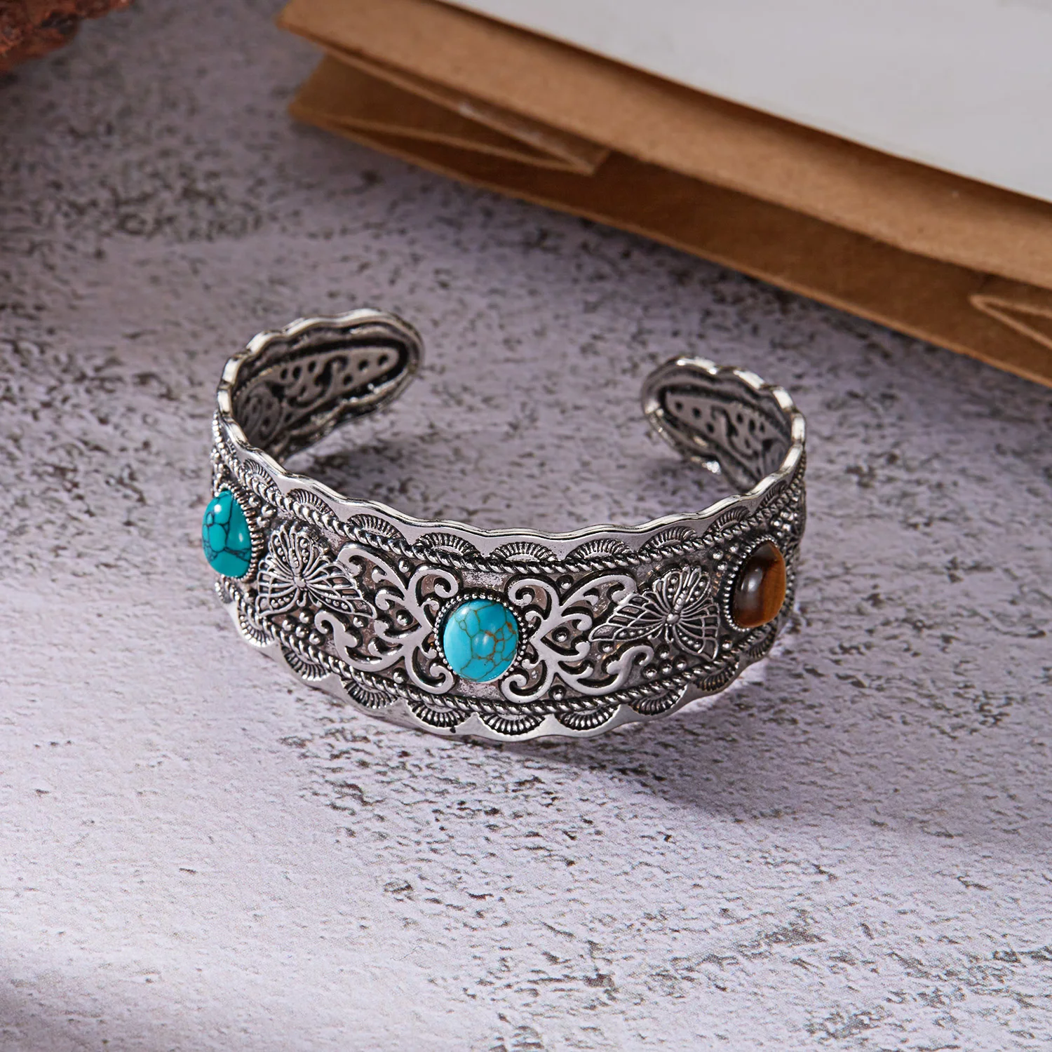 Vintage Natural Stone Feather Bangle Bracelet Women Men Turquoise Rhinestone Open Adjustable Wide Couple Bracelet Ethnic Jewelry