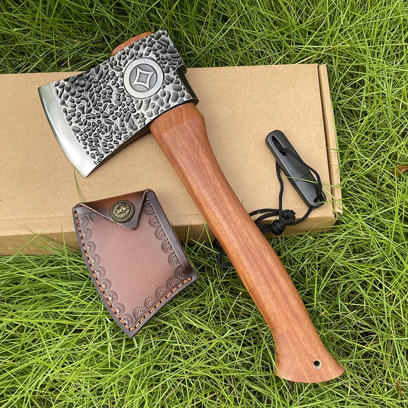 Best survival hatchet with wood handle Collection Gift Hammered anodized black axe Wood felling axe with leather case