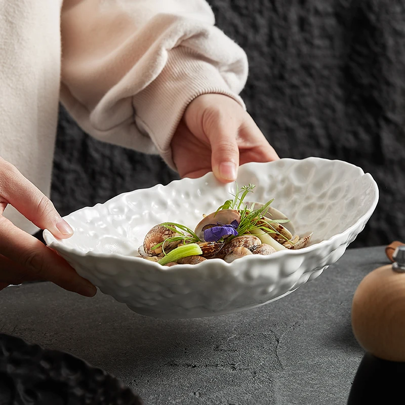 Dehua white porcelain steamed fish dish home 2023 new light luxury ceramic beautiful black mood fusion dish custom