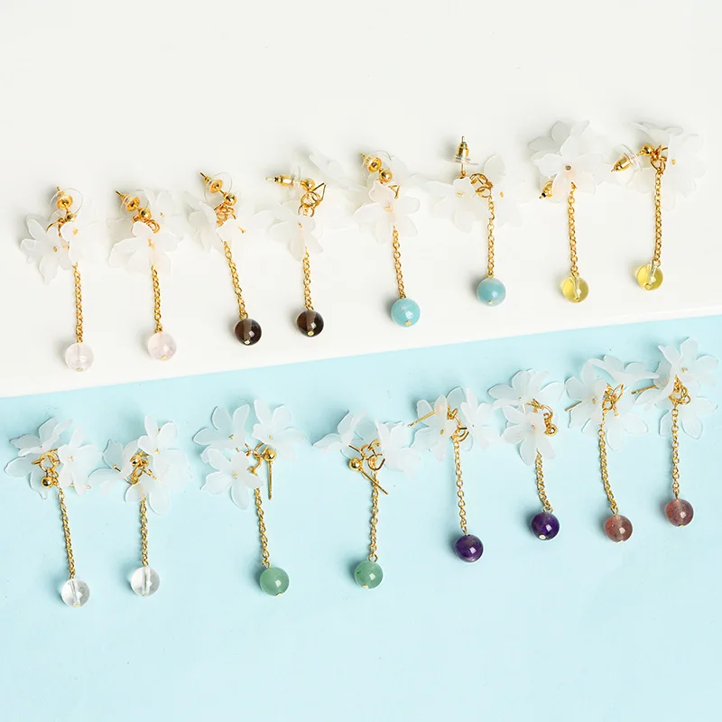 New Bohemian Handmade Natural Stone Beaded Stud Earrings Flower Round Stone Beads Healing Crystal Earrings for Women