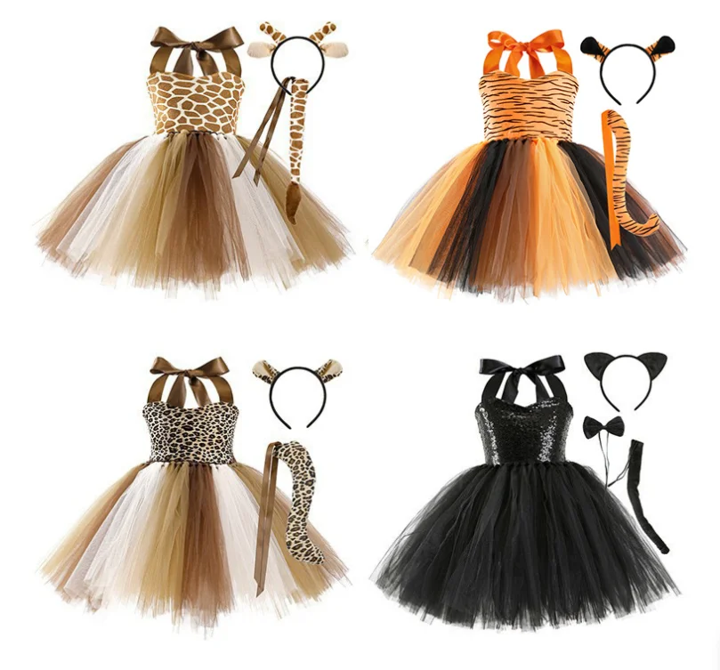 Halloween Jungle Party Animal Costume for Girls 1-10 Years Giraffe Black Cat Leopard Tiger Safari Birthday Dress Tutu
