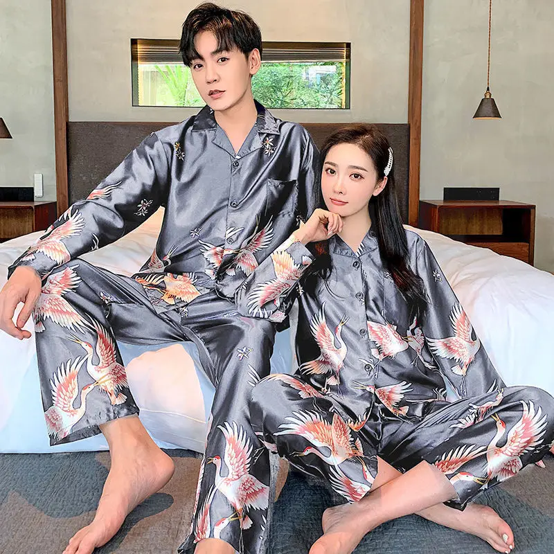 Pair of pajamas season long sleeve ice silk two suits silk thin spring and autumn men and women loose home clothes cotton pajama