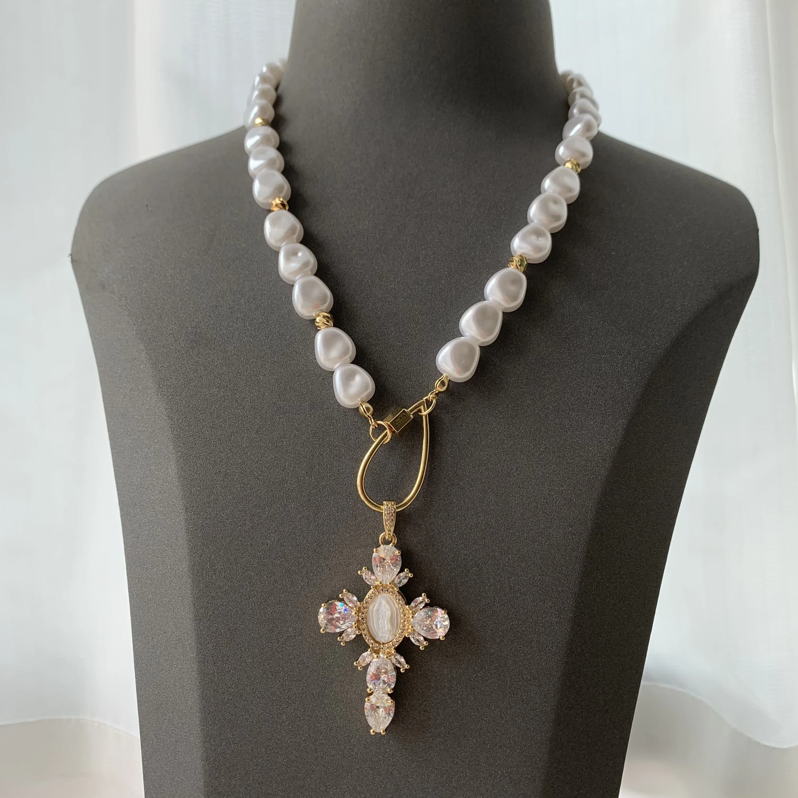 LS-L3292 Beautiful pearl necklaces women men fine jewelry gold clasp necklaces cubic zircon cross Virgin Mary necklaces