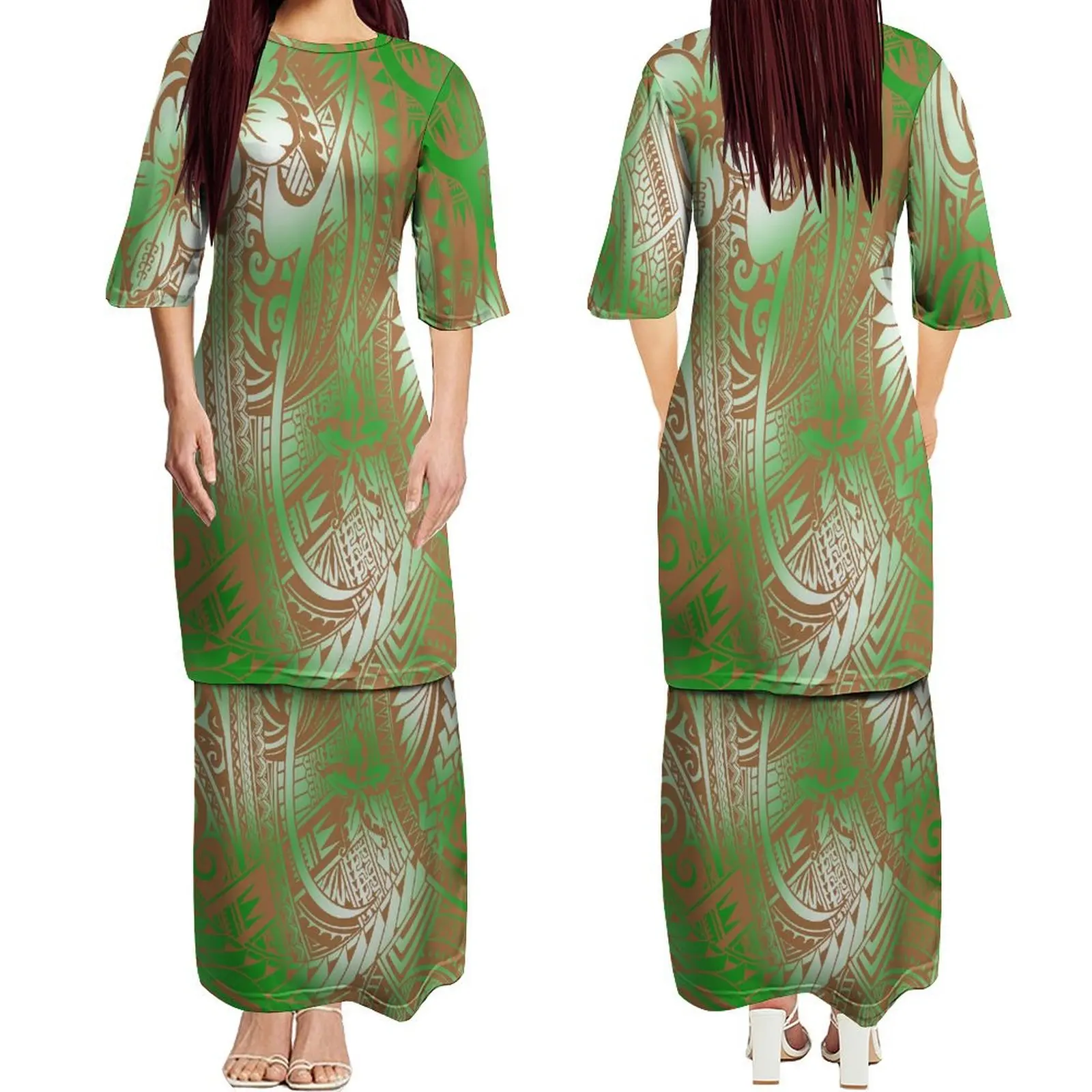 Drop Shipping Polynesian Round Neck Samoa Puletasi Ptaha Puletaha Samoan Dress Plus Size Long Maxi Two Piece Skirt Set Dresses